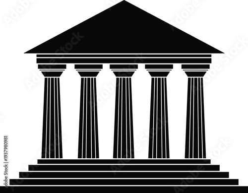 Minimalist black silhouette of a classical greek temple with six pillars and steps representing government authority justice law court finance and historical architecture