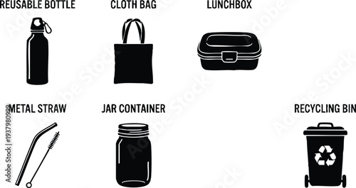 Black reusable bottle cloth bag lunchbox metal straw jar container and recycling bin icons set flat design eco friendly zero waste concept