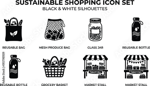 Black and white sustainable shopping icon set featuring reusable bags mesh produce bag glass jar grocery basket and market stall silhouettes simple flat design