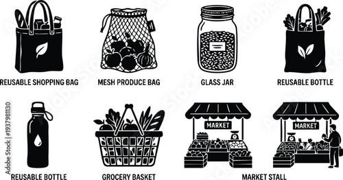 Minimalist black and white vector art set featuring reusable shopping bags mesh produce bag glass jar grocery basket market stall with person shopping eco friendly items
