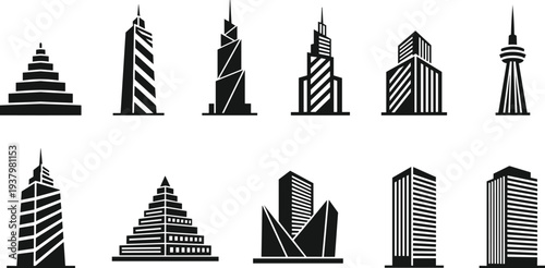 Modern skyscraper and tower icon set featuring minimal black city skyline silhouettes for architecture, urban design, real estate and business branding use