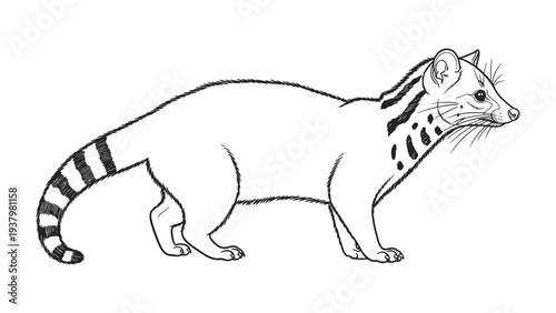 Civet Cat: A simple line art drawing of a civet cat in profile, its features meticulously illustrated. 