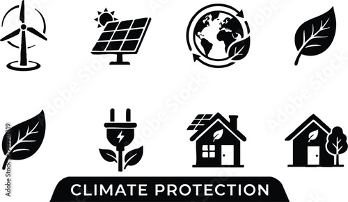 Simple black silhouette eco icons including wind turbine solar panel globe with leaf electric plug with leaves and eco friendly houses with solar panels and trees for climate protection