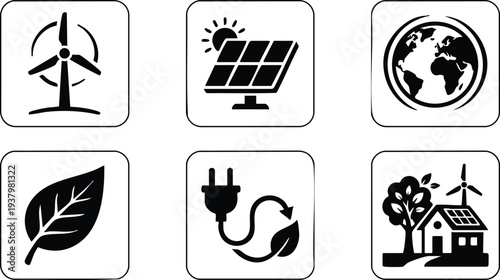 Minimalist black and white icons set featuring wind turbine solar panel earth globe leaf energy plug eco friendly house with tree and renewable energy symbols in square frames