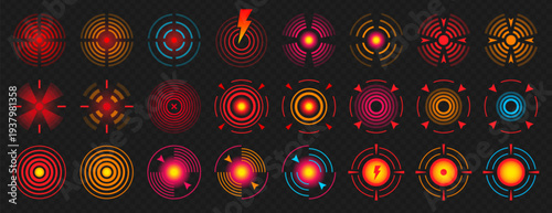Physical point pain in muscles, teeth, head, throat, neck, stomach, joints. Inflammation markers set. Circle painful area with red target. Body spots, muscle acute spasm icons. Ache localization signs