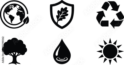 Black environmental icons set featuring globe with leaf shield oak leaf tree water drop and sun symbols for sustainability and nature protection concepts