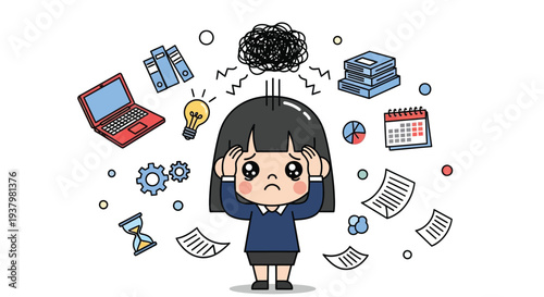 Cartoon illustration of a stressed businesswoman surrounded by office supplies, papers, and technology against a clean white background with a frustrated mood.
