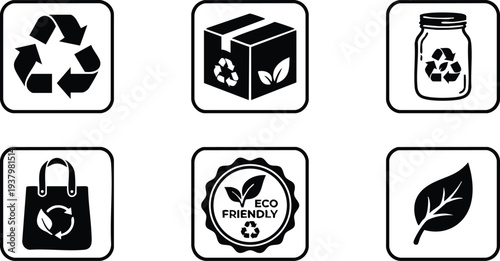 Black and white flat design icons including recycling symbol box with leaf jar tote bag eco friendly badge and leaf nature and sustainability concepts in simple vector style