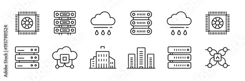 Minimalist GPU farm and cloud data center icons – Great for UI/UX design, technical presentations, or IT service websites.
