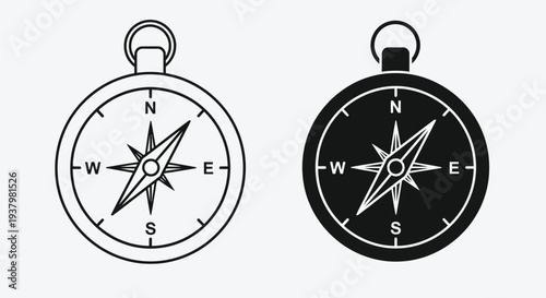 Black and white compass icons with north, south, east, and west directions on a plain background.