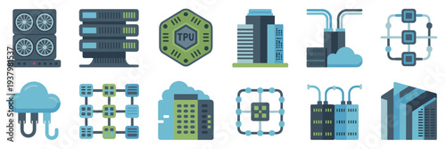 High performance computing HPC flat icon sheet – Perfect for big data analytics, server hardware ads, or enterprise IT solutions.