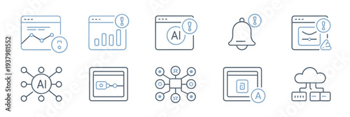 Minimalist AI performance and network icons – Suitable for monitoring software branding, data flow charts, or tech presentations.