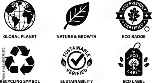 Black and white eco icons set including global planet earth leaf nature and growth eco friendly certified badge recycling symbol sustainable verified and eco label tag vector design