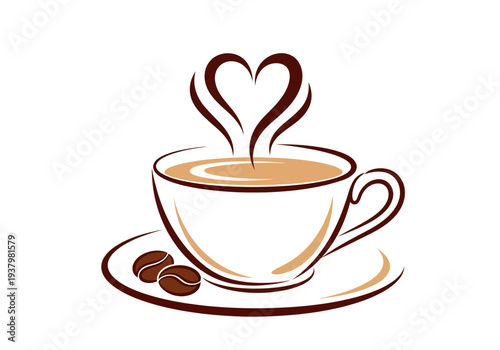 A stylized vector graphic features a warm cup of coffee resting upon a saucer alongside two roasted beans, while delicate brown lines of steam rise gracefully to form a perfectly inviting heart shape