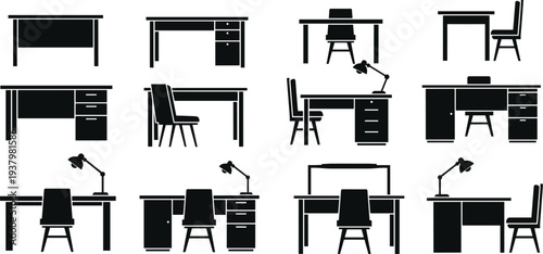 Office desk and chair silhouette set isolated on white background, modern workspace furniture vector illustration collection for business, home office and interior design