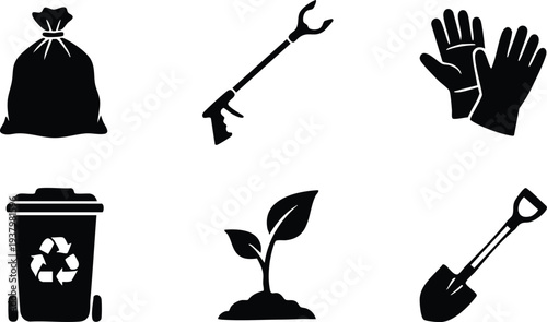 Black silhouette icons of gardening tools including garbage bag, litter picker tool, protective gloves, recycling bin, young plant sprout in soil and small shovel illustration in vector art style