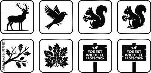 Black silhouette icons of majestic deer standing bird in flight squirrel holding acorn oak branch and maple leaf with forest wildlife protection sign in minimalist vector art style