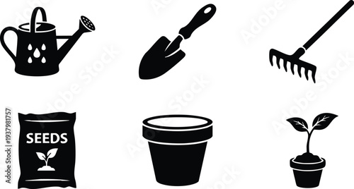 Black silhouette gardening tools watering can hand rake garden shovel flower pot seed packet and sprouting seedling in minimalist vector style