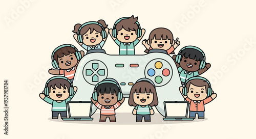 A group of diverse children wearing headsets and standing around a large video game controller with laptops, conveying a joyful and playful mood against a clean background.