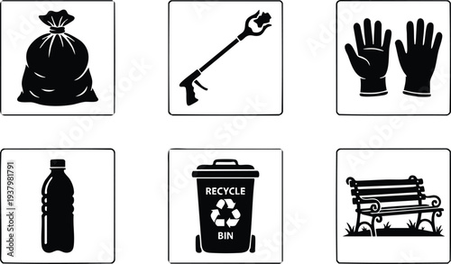 Black and white flat design icons of garbage bag recycling bin plastic bottle trash picker gloves and park bench clean environment and waste management silhouette symbols