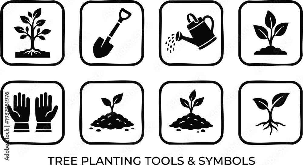 Fototapeta premium Black silhouette tree planting icons set including sapling with roots watering can shovel and protective gloves in simple vector flat design style