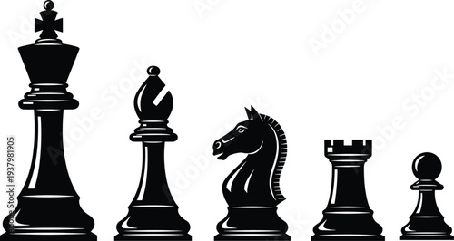 Professional black and white vector chess pieces collection featuring king bishop knight rook and pawn isolated icons for strategy games and competition concepts.