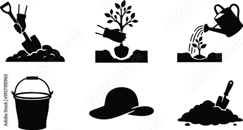 Silhouettes of gardening tools and actions including digging soil with shovel planting tree watering plant bucket and gardening hat in simple black vector icons design