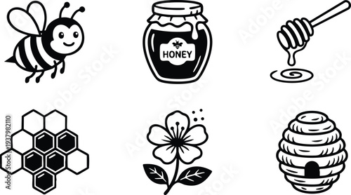 Flat design vector icons set featuring smiling bee flying near honey jar with dripping honey dipper honeycomb cells flower blossom and beehive in simple black and white style