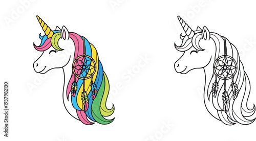 Dreamy Unicorn Head with Rainbow Mane and Dreamcatcher Illustration