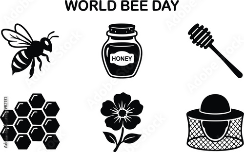 Flat design collection of honey bee honey jar honey dipper honeycomb flower and beekeeper hat celebrating world bee day awareness and environment protection icons