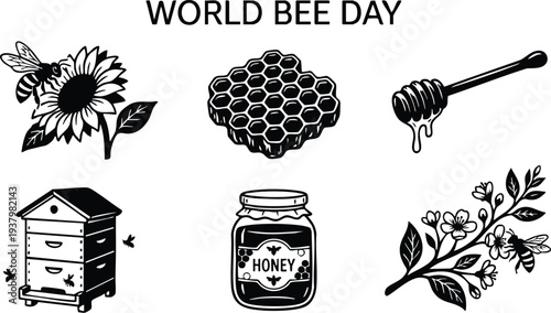 Black and white vector art of bees on sunflower and flower branch honeycomb dripping honey jar with label and wooden hive box celebrating world bee day awareness promotion