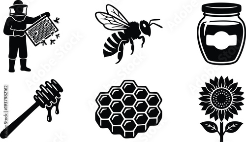 Black silhouette vector icons of beekeeper holding honeycomb frame honey dripping dipper bee honey jar hexagonal honeycomb and sunflower floral motif