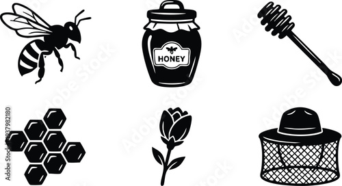 Black and white vector art set with honey bee flying honey jar with label honey dipper wooden stick honeycomb cells flower blossom and beekeeper hat with mesh safety net for protection