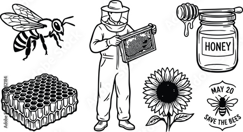 Black and white vector art beekeeper inspecting honeycomb frame with bee illustrations honey jar dripping sunflower flower and save the bees emblem for environmental awareness
