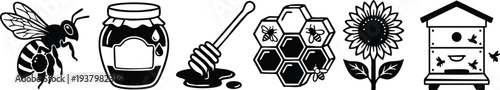 Black and white vector icons of honey bee flying jar honey dipper dripping honey honeycomb with bees sunflower and wooden beehive in flat design style on white background
