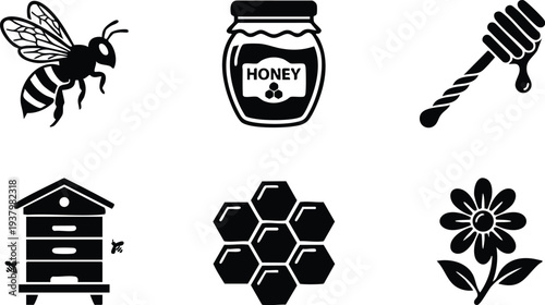 Minimalist black honey bee hive jar and honey dipper dripping honey flower and hexagon honeycomb flat vector icons set