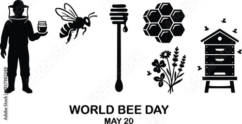 Black silhouette vector art of beekeeper holding jar of honey flying bee honey dipper dripping honey honeycomb flowers beehive for world bee day celebration on may twentieth