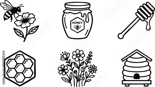 Black and white vector icons of bee collecting nectar from flower honey jar with label honey dripping honey dipper honeycomb flower bouquet and traditional beehive illustration set