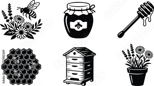 Black and white vector art of honey jar with bee label bee flying over flowers honey dipper dripping honey honeycomb with bees classic wooden beehive and potted flowering plants