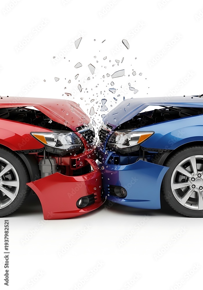 Naklejka premium Two cars crash into each other with debris flying everywhere on road