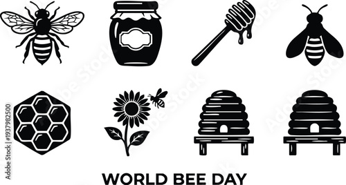 Black silhouette bee honey jar honey dipper honeycomb sunflower flower bee flying beehive beekeeping world bee day celebration set vector design icons