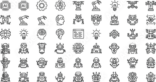 Large collection of sixty black linear icons featuring robots, androids, artificial intelligence chips, arms, drones, and futuristic brain technology for industrial automation designs. (25 words)