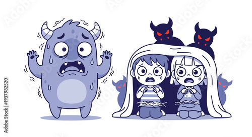 A frightened monster scares two children huddled together under a blanket with a shocked expression on a plain white background.