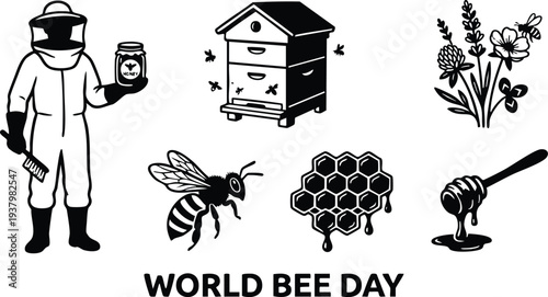 Minimalist black and white vector art of beekeeper holding honey jar near bee hive with bees flowers and dripping honey dipper celebrating world bee day awareness and nature preservation