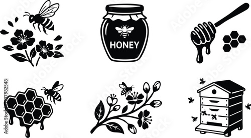 Black and white vector icons depicting honey jar with bee symbol dripping honey dipper with honeycomb flying bees on flowers and wooden beehive box illustrations