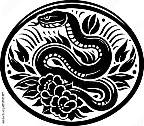 Snake and Peony Floral Silhou...