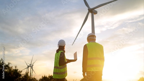 At sunset on a wind farm, engineers wearing safety vests work together to examine wind turbines, strategizing for sustainable energy growth and overseeing performance