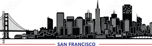 San Francisco Skyline Silhouette Vector Featuring Golden Gate Bridge Transamerica Pyramid Skyscrapers and City Landmarks for California Travel Tourism and Urban Design Concept Asset