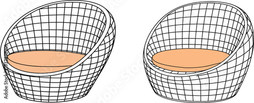 Modern outdoor rattan lounge chairs vector illustration with comfortable cushions for garden patio and terrace furniture