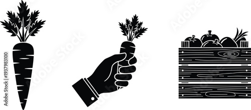 Set of Black Agricultural Silhouettes Featuring Fresh Carrots Hand Holding Harvested Root Vegetable and Wooden Crate Filled with Produce for Farming and Organic Market Design